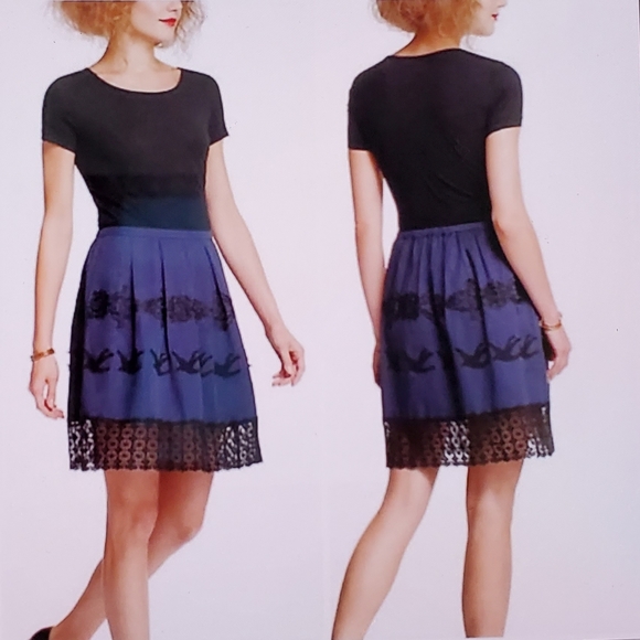 ANTHROPOLOGIE Leifnotes Blue Black Knit Floral With Flyaway Bird Embroidered Dre - Picture 1 of 9